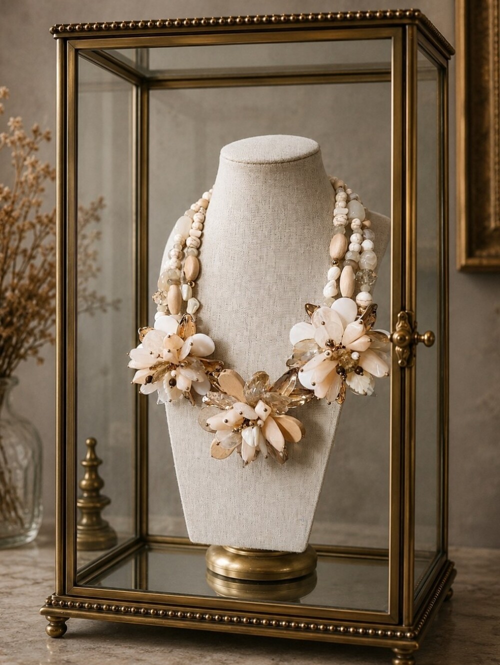 CHICO'S 3 Strand Oversized Shell Petal Party Collection Cream Gold Tone NWOT